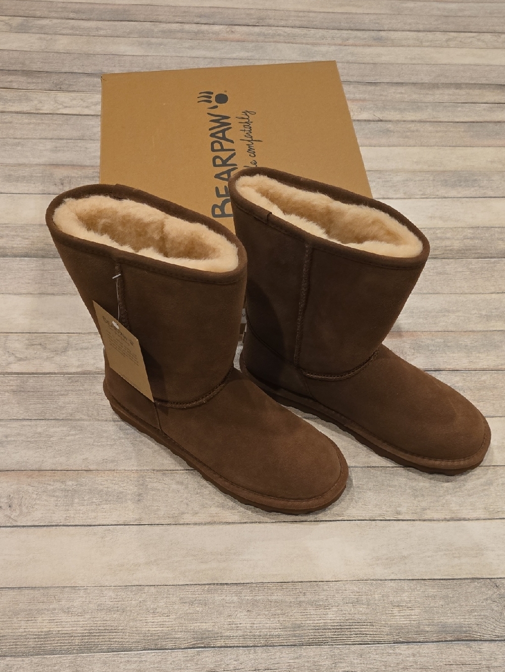 BearPaw Elle Short Women's Chestnut Suede Shearling Mid-Calf Boots Size 9